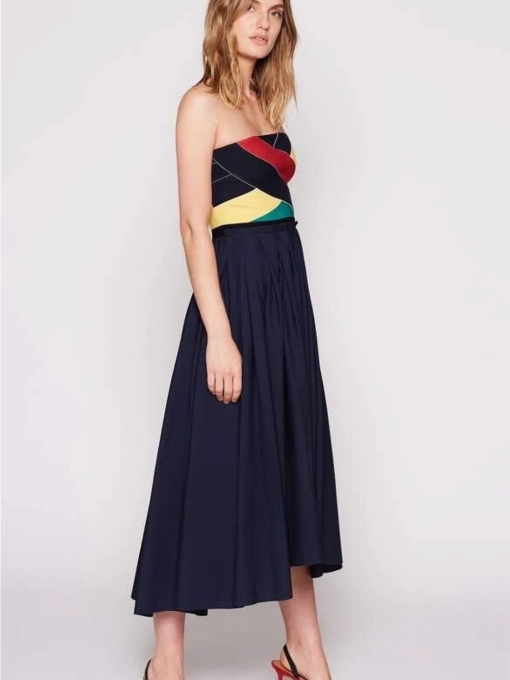Joie Latika Strapless Colorblock Midi Dress in Navy, Red, Yellow, Green